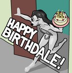 anthro birthday birthday_cake black_hair cake candle cherry dessert door doorway entering_room female female_anthro fire food fruit glistening glistening_body hair happy_birthday holding_cake holding_food holding_object holding_plate humor one_eye_closed outline plant pun running smile solo tailless text wall_(structure) white_body daleport996 sinkdog canid canine canis domestic_dog mammal 2023 aliasing binary_drawing cel_shading digital_drawing_(artwork) digital_media_(artwork) english_text shaded