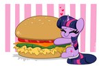 blush burger cutie_mark eyes_closed female feral food heart_symbol hooves horn purple_body quadruped sitting solo wings kittyrosie friendship_is_magic hasbro my_little_pony mythology twilight_sparkle_(mlp) equid equine horse mammal mythological_creature mythological_equine pony winged_unicorn 2021 absurd_res hi_res