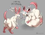 balls belly big_belly bow_(feature) clone come_here command dialogue digestion digestion_noises duo feral fur genitals male male/male partial_speech_bubble pink_body pink_fur raised_tail resting_on_belly ribbons rumbling_stomach tail text thick_thighs vore white_body sassylebraix nintendo pokemon eeveelution generation_6_pokemon pokemon_(species) sylveon english_text hi_res