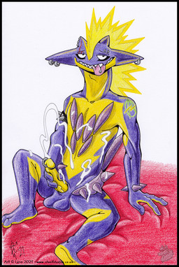 3_fingers after_masturbation anarchy_symbol anthro armband balls bed_sheet bedding bodily_fluids body_spikes countershade_face countershade_feet countershade_neck countershade_torso countershading cum ear_piercing ear_ring ejaculating_on_self ejaculation feet fingers genital_fluids genital_piercing genitals glans humanoid_genitalia humanoid_penis long_neck looking_at_viewer looking_pleasured male markings masturbation mohawk multicolored_body nude penis penis_piercing penis_ring_(piercing) piercing pink_tongue purple_body reclining ring_piercing scales solo spiked_armband spikes tattoo text toes tongue tongue_out tongue_piercing vein veiny_penis ventral_scales yellow_body yellow_penis silvolf nintendo pokemon amped_toxtricity generation_8_pokemon pokemon_(species) reptile scalie toxtricity 2021 colored_pencil_(artwork) dated hi_res signature traditional_media_(artwork) url