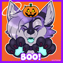 4_fingers anthro black_eyebrows black_hands black_nose border cheek_tuft claws collar dialogue dotted_background exclamation_point eye_through_hair eyebrows eyes_closed facial_markings facial_tuft fangs finger_claws fingers fur grey_hair grey_inner_ear_fluff grey_markings hair hand_pawpads head_markings holidays inner_ear_fluff jack-o'-lantern light male male_anthro markings multicolored_body multicolored_fur object_on_head open_mouth open_smile orange_background outline pattern_background pawpads purple_body purple_border purple_collar purple_fur purple_hair red_claws short_hair simple_background smile solo sparkles teal_pawpads teal_tongue teeth text tongue translucent translucent_hair tuft uvula whisker_spots white_outline ractoons halloween snuzz_(huffyfluffyfox) canid canine fox mammal 1:1 2025 absurd_res artist_name bust_portrait colored digital_drawing_(artwork) digital_media_(artwork) english_description hi_res lighting portrait