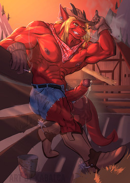 abs anthro barn biceps blonde_hair bodily_fluids boots bottomwear cigarette clothed clothing cowboy cowboy_boots cowboy_hat dripping ear_piercing erection farm footwear genital_fluids genitals glans green_eyes hair hat headgear headwear horn johnnydemon looking_at_viewer male mostly_nude muscular muscular_male nipples open_bottomwear open_clothing open_pants open_shorts pants pecs penis penis_poking_out piercing precum precum_drip red_body shoes shorts smile smiling_at_viewer smirk smirking_at_viewer smoking solo spurs sunset tipping_hat vein veiny_penis kabalca mythology dragon mythological_creature mythological_scalie scalie