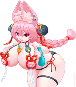 between_breasts big_breasts black_clothing black_underwear braided_hair breasts buckteeth carrot clothing collar female food hair hand_on_breast inner_ear_fluff long_hair looking_at_viewer nipples open_mouth pink_body pink_hair plant red_eyes simple_background smile solo tail teeth tuft underwear vegetable white_background kasetsu_hanga mihoyo zenless_zone_zero zhao_(zenless_zone_zero) animal_humanoid humanoid lagomorph lagomorph_humanoid leporid leporid_humanoid mammal mammal_humanoid rabbit rabbit_humanoid 2026 digital_media_(artwork) hi_res