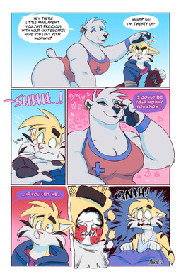 5_fingers anthro bed biceps black_nose breasts cheek_tuft chest_tuft cleavage clothed clothed_anthro clothed_female clothed_male clothing constricted_pupils countershade_face countershade_neck countershading dialogue dream duo ear_piercing ear_ring eyebrows eyelashes eyeshadow facial_tuft female female_anthro fingers fully_clothed fully_clothed_anthro fully_clothed_female furniture hand_on_chin headpat heart_symbol hoodie larger_female leaning leaning_forward lifeguard lifeguard_swimsuit looking_at_another makeup male male_anthro mascara mommy_kink muscular muscular_female one-piece_swimsuit pawpads philtrum piercing pink_nose pointy_ears prick_ears pupils ring_piercing shirt size_difference skateboard small_pupils smaller_male snout swimwear tail tank_top text toony topwear tuft vehicle white_body white_countershading wide_hips makardraws sophie_romanov tricky_mccormick bear domestic_cat felid feline felis mammal polar_bear ursine 2022 comic dated digital_drawing_(artwork) digital_media_(artwork) english_text hi_res signature