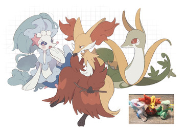 ambiguous_gender anthro blue_eyes blue_hair blush blush_lines eyelashes fangs feral fur gem green_body group hair holding_object inner_ear_fluff multicolored_body open_mouth orange_body orange_eyes orange_fur pearl_(gem) plushie red_body red_eyes red_fur simple_background sitting starfish_(accessory) stick tail teeth trio tuft white_body white_fur yellow_body yellow_fur himetya105 nintendo pokemon asterozoan canid canine delphox echinoderm generation_5_pokemon generation_6_pokemon generation_7_pokemon mammal marine pokemon_(species) primarina reptile scalie serperior snake starfish 2025 hi_res photography_(artwork) reference_image