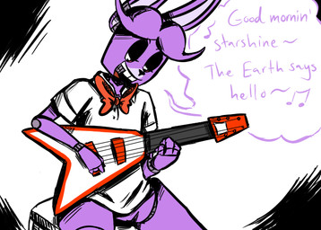anthro biped bow_(feature) bow_tie buckteeth dialogue electric_guitar guitar machine male musical_instrument musical_note musical_symbol open_mouth playing_guitar playing_music plucked_string_instrument singing sitting solo speech_bubble string_instrument symbol teeth text inkyfrog five_nights_at_freddy's scottgames bonnie_(fnaf) animatronic lagomorph leporid mammal rabbit robot 2016 english_text