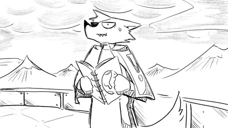 almanac anthro bodily_fluids book cape clothing cloud deck_(structure) eye_patch eyewear holding_book holding_object male mountain nervous sharp_teeth solo sweat teeth world dragonweirdo kimera_(dragonweirdo) canid canine canis mammal wolf 16:9 comic hi_res monochrome widescreen