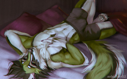 anthro bed bed_sheet bedding biped black_markings boxers_(clothing) bulge clothing feet fur furniture green_body green_eyes green_fur hand_behind_head hand_on_chest looking_at_viewer lying male markings night on_back on_bed pillow solo tail underwear white_body white_fur solarflare02 kilobytefox canid canine fox mammal digital_media_(artwork) digital_painting_(artwork) hi_res painting_(artwork)