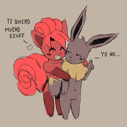 3_fingers 4_fingers anthro biped blush blush_lines brown_body brown_fur brown_nose chest_tuft chibi dialogue duo eyebrows eyelashes eyes_closed female fingers frown fur hair happy heart_symbol long_ears male navel neck_tuft open_mouth orange_body orange_fur short_hair simple_background size_difference smile tan_body tan_fur teeth text tuft jisito nintendo pokemon flori_(jisito) inti_(jisito) eevee generation_1_pokemon pokemon_(species) vulpix 1:1 sketch spanish_text translated