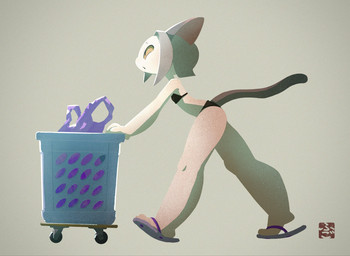 anthro black_tail bra clothing female footwear fur laundry laundry_basket pink_inner_ear shoes side_view slippers solo tail underwear white_body white_fur yellow_eyes fu_go_fu_go felid feline felis mammal hi_res