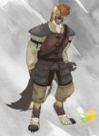 anthro armor belt bottomwear breastplate claws clothing fluffy fluffy_tail greying_hair hair hi_res hyena leather light_armor male mammal medieval medieval_clothing mohawk orange_hair pants pawpads paws scar shirt smile solo sourmagic tail teeth topwear warrior wraps yellow_eyes