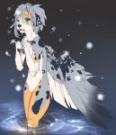 5_fingers anthro bodily_fluids crying feathered_wings feathers femboy fingers fur grey_body grey_fur grey_hair hair legs_in_water male nude partially_submerged solo standing standing_in_water submerged_legs tears water white_body white_fur wings rikitoka canid canine canis domestic_dog hybrid mammal