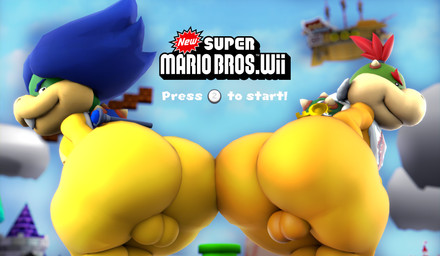 anthro balls blue_hair butt butt_focus castle duo genitals hair key male red_hair shell ship smile smiling_at_viewer title_screen vehicle warp_pipe watercraft yellow_body yellow_skin young doommusk mario_bros nintendo bowser_jr. koopaling ludwig_von_koopa koopa scalie 3d_(artwork) absurd_res blender_(artwork) digital_media_(artwork) hi_res