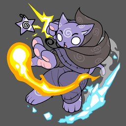 4_fingers 4_toes action_pose ambiguous_anthro ambiguous_gender anthro anthrofied barefoot biped cape clothed clothed_ambiguous clothed_anthro clothing collar_tag cute_fangs ear_markings electricity electricity_manipulation elemental_manipulation empty_eyes eyebrows facial_markings fangs feet fingers fire fire_manipulation forehead_markings front_view fully_clothed fully_clothed_ambiguous fully_clothed_anthro fur grey_background head_markings ice_manipulation looking_at_viewer magic magic_user markings monotone_tail open_mouth pawpads pink_pawpads pose purple_body purple_clothing purple_ears purple_fur purple_inner_ear purple_markings purple_tail simple_background solo spiral standing tail teeth three-quarter_view toes white_eyes discommunicator mewgenics lucy_(mewgenics) domestic_cat felid feline felis mammal 1:1 2026 aliasing binary_drawing colored digital_drawing_(artwork) digital_media_(artwork) flat_colors full-length_portrait portrait female_(lore)