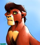 ambiguous_gender black_nose blue_background brown_mane chest_tuft eyebrows feral green_eyes mane simple_background slightly_open_mouth solo tuft whiskers noki001 disney the_lion_king kovu_(the_lion_king) felid lion mammal pantherine