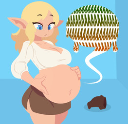 abdominal_bulge belly big_belly big_breasts blonde_hair blue_eyes boots bottomwear breasts butt cleavage clothed clothing discarded_footwear female footwear hair holding_belly huge_belly humanoid_pointy_ears humanoid_pred larger_pred looking_down navel not_furry overweight overweight_female overweight_humanoid pointy_ears screaming screaming_prey shoes size_difference skirt solo speech_bubble struggling struggling_prey vore smuggoblin elf humanoid 2026 digital_drawing_(artwork) digital_media_(artwork) hi_res