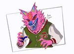 5_fingers anthro blue_nose blue_tongue claws clothed clothing fingers fur male open_mouth orange_claws pink_body pink_fur pupils sharp_teeth slit_pupils solo teeth tongue dz4023 epic_games fortnite andy_fangerson alebrije canid canine canis mammal wolf hi_res