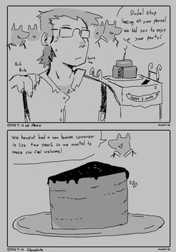 anthro bodily_fluids cake claws dessert dialogue finger_claws food hand_on_shoulder male party slice_of_cake solo_focus suspenders sweat text lilmoonie unnamed_character ambiguous_species human mammal 2025 black_and_grey comic english_text hi_res monochrome