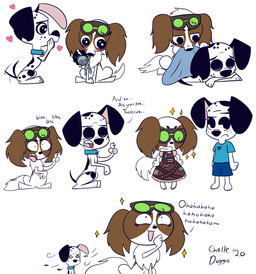 anthro black_spots brown_body brown_fur countershade_face countershading duo eyewear eyewear_on_head female feral fluffy_ears freckled_face freckles fur goggles goggles_on_head male markings neck_tuft spots spotted_body spotted_fur tuft white_body white_fur chelledoggo 101_dalmatian_street 101_dalmatians disney dawkins_(101_dalmatians) fan_character lottie_(emizel) princess_positron bird_dog canid canine canis cocker_spaniel dalmatian domestic_dog hunting_dog mammal spaniel absurd_res hi_res