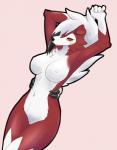 anthro big_breasts blush breasts canid canine claws female fur generation_7_pokemon half-closed_eyes hi_res looking_at_viewer lycanroc mammal midnight_lycanroc narrowed_eyes navel nintendo nipples nude pink_background pokemon pokemon_(species) raised_arm red_body red_eyes red_fur red_sclera simple_background solo white_body white_fur xan_(pixiv)