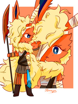 anthro anthrofied armor bandage bandage_on_face bandaged_arm bandaged_ear belt big_tail blonde_hair blood_on_bandage blue_inner_ear boots bottomwear brown_belt brown_boots brown_bottomwear brown_clothing brown_footwear brown_skirt clothed clothing eyelashes female footwear fully_clothed fur hair looking_at_viewer melee_weapon neck_tuft open_mouth orange_background orange_body orange_ears orange_fur pokemorph polearm shoes simple_background skirt solo spear standing tail tuft weapon white_background yellow_body yellow_fur yellow_tail conditional_dnp xammyxx nintendo pokemon fan_character eeveelution flareon generation_1_pokemon pokemon_(species) 2025 3:4 absurd_res digital_media_(artwork) hi_res ibispaint_(artwork) shaded signature watermark