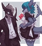 anthro blue_hair bottomwear bow_(feature) clothing dress duo ear_piercing female flashing furgonomics furry-specific_piercing hair maid_uniform male male/female notched_ear piercing skirt smile smirk suit tail tail_piercing uniform supermint azuriae kazuhira fish marine shark