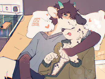 anthro arms_around_neck bed blue_clothing blue_sweater blue_topwear brown_hair cellphone clothing duo electronics fur furniture green_clothing green_jacket green_topwear hair heart_symbol jacket lying lying_on_bed male male/male on_bed phone skin_fang slim_anthro slim_male smartphone sweater tongue tongue_out topwear white_body white_fur yellow_body yellow_fur hemuchang european_mythology mythology canid canine canis dalmatian domestic_dog dragon furred_dragon furred_scalie mammal mythological_creature mythological_scalie scalie western_dragon 2022 hi_res