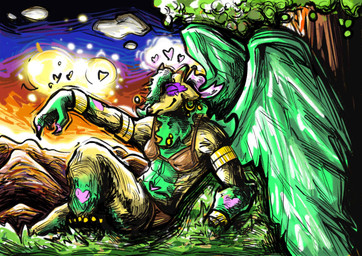 anthro feathered_wings feathers female grass plant solo sun tree wings yellow_body mythology o_hear_thee cynthia_(oth) dragon mythological_creature mythological_scalie scalie absurd_res hi_res