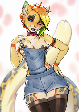 5_fingers anthro biped blue_spots breasts claws clothed clothed_anthro clothed_female clothing countershade_accent ear_piercing female finger_claws fingers front_view fur hair inner_ear_fluff legwear looking_at_viewer markings open_mouth open_smile overalls pasties piercing smile solo spots spotted_body spotted_fur spotted_markings spotted_tail standing tail tail_markings teeth thigh_highs tongue tuft yellow_body yellow_fur yellow_tail shermugi enreeu felid feline leopardus mammal ocelot serval 2025 absurd_res digital_drawing_(artwork) digital_media_(artwork) hi_res gynomorph_(lore)