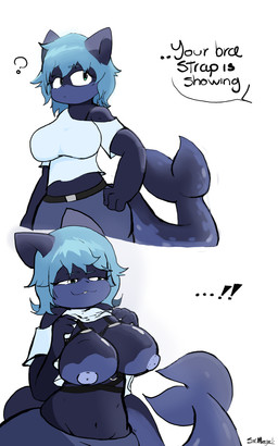 belt belt_buckle blue_hair breasts buckle chest_harness clothing dark_body dialogue female hair hand_on_hip harness presenting showing_chest smug_face solo speech_bubble tail thick_thighs topwear sirmega ambiguous_species aquatic humanoid 5:8 absurd_res hi_res shaded