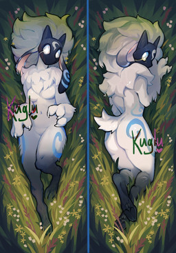 3_fingers anthro black_body black_fur blue_fur_marking butt chest_tuft claws dakimakura dipstick_ears dipstick_legs ear_markings female finger_claws fingers flower fur grass hair hooves looking_at_viewer lying markings mask multicolored_ears navel on_back on_front plant sheep_ears sheep_tail solo tail tuft wearing_mask white_body white_fur white_hair kuglu league_of_legends riot_games tencent kindred_(lol) lamb_(lol) bovid caprine mammal sheep dakimakura_design hi_res