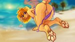 anthro anus bikini blurred_background bodily_fluids butt butt_focus claws clothed clothing ear_piercing feet female foot_focus fur genitals hair kneeling kneeling_on_ground looking_at_viewer looking_back membrane_(anatomy) membranous_wings orange_hair panties panties_down partially_clothed pawpads piercing pink_claws pink_nose pink_pussy pink_tongue purple_bikini purple_clothing purple_eyes purple_swimwear pussy raised_tail saliva saliva_on_tongue seaside simple_background solo string_bikini swimwear tail tan_body tan_fur tan_pawpads text tongue tongue_out two-piece_swimsuit underwear underwear_down wings amber_wind amber_wind_(character) bird_dog canid canine canis domestic_dog golden_retriever hunting_dog mammal retriever 16:9 2023 digital_media_(artwork) english_text full-length_portrait hi_res portrait shaded signature widescreen