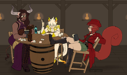 alcohol beer beverage card clothing drunk eyewear female fluffy fluffy_tail gin_(alcohol) glasses group hat headgear headwear male substance_intoxication tail tavern whiskey chompyghost casimira_(orannis0) molasses_heufenhorne_(teixasrox) sunny_(dingaling) animal_humanoid bovid bovid_humanoid bovine bovine_humanoid cattle_humanoid humanoid lizard_humanoid mammal mammal_humanoid reptile reptile_humanoid rodent rodent_humanoid scalie scalie_humanoid sciurid sciurid_humanoid tree_squirrel_humanoid hi_res
