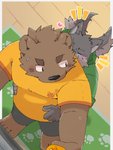 anthro blush bottomwear brown_body brown_fur clothing duo eyes_closed fur heart_symbol hoodie hug hugging_another hugging_from_behind kemono male shirt shorts slightly_chubby tail tail_motion tailwag topwear green_bell inakamichi bear canid canine canis mammal wolf 2020 hi_res