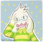 anthro black_eyes blue_background blush clothed clothing empty_eyes eyewear floppy_ears fur glasses green_clothing head_tilt head_tuft looking_at_viewer male open_mouth open_smile pattern_clothing simple_background smile solo star striped_clothing stripes sweater teeth topwear tuft white_body white_fur yellow_clothing petite-pumpkin undertale undertale_(series) asriel_dreemurr boss_monster_(undertale) bovid caprine mammal 2018 bust_portrait digital_media_(artwork) portrait signature