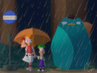 female feral group holding_object holding_umbrella male orange_umbrella parody raining size_difference trio umbrella ginnywings disney ghibli my_neighbor_totoro phineas_and_ferb candace_flynn ferb_fletcher perry_the_platypus phineas_flynn human mammal monotreme platypus 4:3 absurd_res hi_res