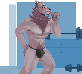 anthro armpit_hair blush body_hair bulge chest_tuft clothing facial_hair fur fur_markings gesture goatee gym hand_gesture hand_on_butt jockstrap male markings muscular muscular_male nipples pointing pointing_at_self pubes simple_background smile solo tongue tongue_out tuft underwear weights yellow_eyes doofwuff mythology canid canine canis mammal mythological_canine mythological_creature werecanid werecanine werecreature werewolf wolf