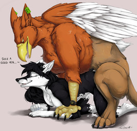 anthro anthro_on_feral anthro_penetrated beak bestiality bodily_fluids clock countershading cum cum_in_vagina cum_inside duo ear_piercing ear_tag eyes_closed feathered_wings feathers female female_anthro female_on_feral female_penetrated feral feral_penetrating feral_penetrating_anthro from_behind_position genital_fluids happy happy_sex interspecies male male/female male_feral male_on_anthro male_penetrating male_penetrating_female mounting nude penetration piercing sex smile tail text watch wings truegrave9 mythology blaze_(gryphon) milkyway_(truegrave9) avian canid canine canis gryphon mammal mythological_avian mythological_creature wolf