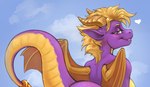 anthro blonde_hair blush breasts butt crossgender female grin grinning_at_viewer hair heart_symbol horn looking_at_viewer looking_back looking_back_at_viewer membrane_(anatomy) membranous_wings mtf_crossgender nude open_mouth purple_body purple_eyes purple_scales scales simple_background sky skyscape smile solo tail teaser teasing wings yellow_body yellow_scales conditional_dnp tgt1512 activision european_mythology mythology spyro_the_dragon spyro dragon mythological_creature mythological_scalie scalie western_dragon cropped digital_media_(artwork) hi_res