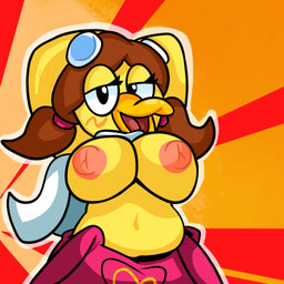anthro areola beak big_breasts black_eyes blush breasts brown_hair clothing exposed_breasts eyelashes eyewear eyewear_on_head feathers female goggles goggles_on_head hair hands_behind_head jumpsuit looking_at_viewer mascot nipples non-mammal_breasts non-mammal_nipples orange_background pattern_background pigtails pink_areola pink_nipples raised_arm red_background scarf simple_background twintails_(hairstyle) yellow_body yellow_feathers lewdewott mcdonald's birdie_the_early_bird avian bird canary finch oscine passerine 1:1 hi_res