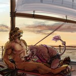 anthro arm_tattoo boat bodily_fluids curling_toes detailed_background duo eyes_closed feet fellatio furgonomics furry-specific_piercing jewelry looking_up_at_partner male male/male muscular muscular_male necklace open_mouth oral penile piercing sailing_boat sailing_watercraft saliva sex sitting size_difference sunrise tail tail_piercing tattoo vehicle watercraft raemyshu rvb_revolution agent_york samael_wurlitz chupadore sling_(disambiguation) 1:1 hi_res