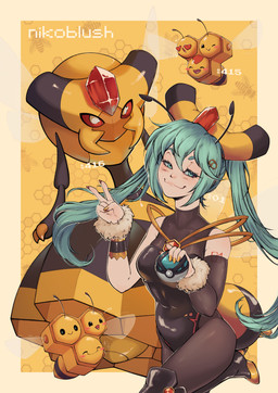 bodysuit clothed clothing cuff_bracelet female floating fluffy_bracelet flying fully_clothed hair male net_ball pokeball skinsuit skintight_suit standing teal_eyes teal_hair tight_clothing conditional_dnp nikoyishi nintendo pokemon vocaloid yamaha_corporation hatsune_miku hatsune_miku_(bug-type_trainer) pokemon_trainer animal_humanoid arthropod arthropod_humanoid bee_humanoid combee generation_4_pokemon humanoid hymenopteran hymenopteran_humanoid insect insect_humanoid pokemon_(species) vespiquen 2025 absurd_res digital_drawing_(artwork) digital_media_(artwork) digital_painting_(artwork) hi_res painting_(artwork)