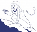 2015 all_fours anthro caitian chadrocco cheek_tuft climbing clothed clothing dress facial_tuft felid female grimace holding_object holding_weapon m'ress mammal monochrome phaser pupils simple_background slit_pupils solo star_trek star_trek_the_animated_series tail tail_tuft tuft uniform weapon white_background wide_hips