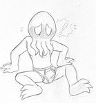 anthro barefoot blush bodily_fluids briefs briefs_only bulge clothed clothing embarrassed exclamation_point feet male simple_background sitting solo sweat tentacles tighty_whities topless underwear underwear_only white_background white_briefs white_clothing white_underwear pretzelgremlin black_and_white hi_res monochrome sketch