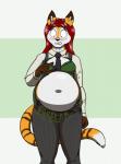 anthro belly big_belly bodily_noises clothing deep_navel embarrassed female hair irish long_hair navel necktie onomatopoeia overweight overweight_anthro overweight_female rumbling_stomach solo sound_effects stuffing suit text americananomaly_(artist) riley_o'shane canid canine canis domestic_dog felid feline hunting_dog hybrid lynx mammal saluki sighthound 2017 hi_res