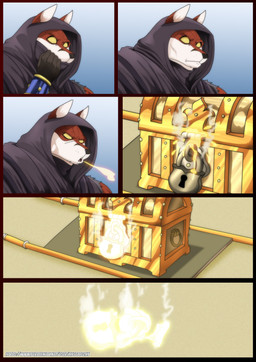 anthro armor bracers breath_powers clothed clothing desert elemental_manipulation fire fire_breathing fire_manipulation fur glowing headgear headwear hood lock male melting multicolored_body multicolored_fur muscular muscular_anthro muscular_male open_mouth red_body red_fur sand solo topwear treasure_chest two_tone_body two_tone_fur white_body white_fur xxsparcoxx acarius_medjay teofacio_larna canid canine fox mammal red_fox true_fox 2024 comic digital_media_(artwork) hi_res