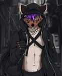 alley anthro bare_chest black_bottomwear black_clothing black_hoodie black_topwear blurred_background bottomwear building city clothing hair holding_object hoodie looking_at_viewer male purple_hair shoulder_bag skyscraper solo topwear urban angiewolf domestic_cat felid feline felis mammal 2022 hi_res