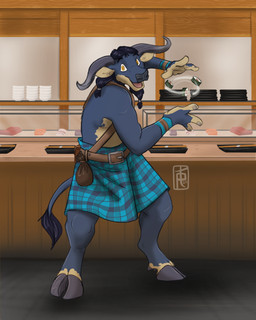 air_manipulation beaded_jewelry beads beard beard_beads belt bottomwear clothed clothing elemental_manipulation facial_hair food hair_jewelry harness hooves horn japanese_food jewelry kilt male pupils silly slit_pupils sushi tail tail_tuft tuft wristband palehorntea blizzard_entertainment warcraft kyanathal bovid bovine mammal tauren visage_form 4:5 hi_res