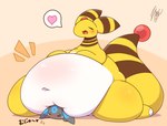 ambiguous_gender belly belly_crush belly_on_head big_belly blush duo feral heart_symbol navel obese open_mouth overweight simple_background white_belly yellow_body takisan_oekaki nintendo pokemon ampharos eeveelution generation_2_pokemon mammal pokemon_(species) shiny_pokemon umbreon hi_res