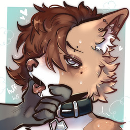 anthro bangs barbell_piercing blush blush_lines breathing_noises brown_hair collar cross cross_piercing duo ear_piercing eyebrow_piercing eyeliner facial_piercing facial_tuft fur glistening_eyelids grey_eyes hair hand_on_mouth head_tuft makeup male male/male multicolored_body multicolored_fur piercing steam tan_body tan_fur tuft white_body white_fur h0t-garbage canid canine mammal 1:1 hi_res shaded signature